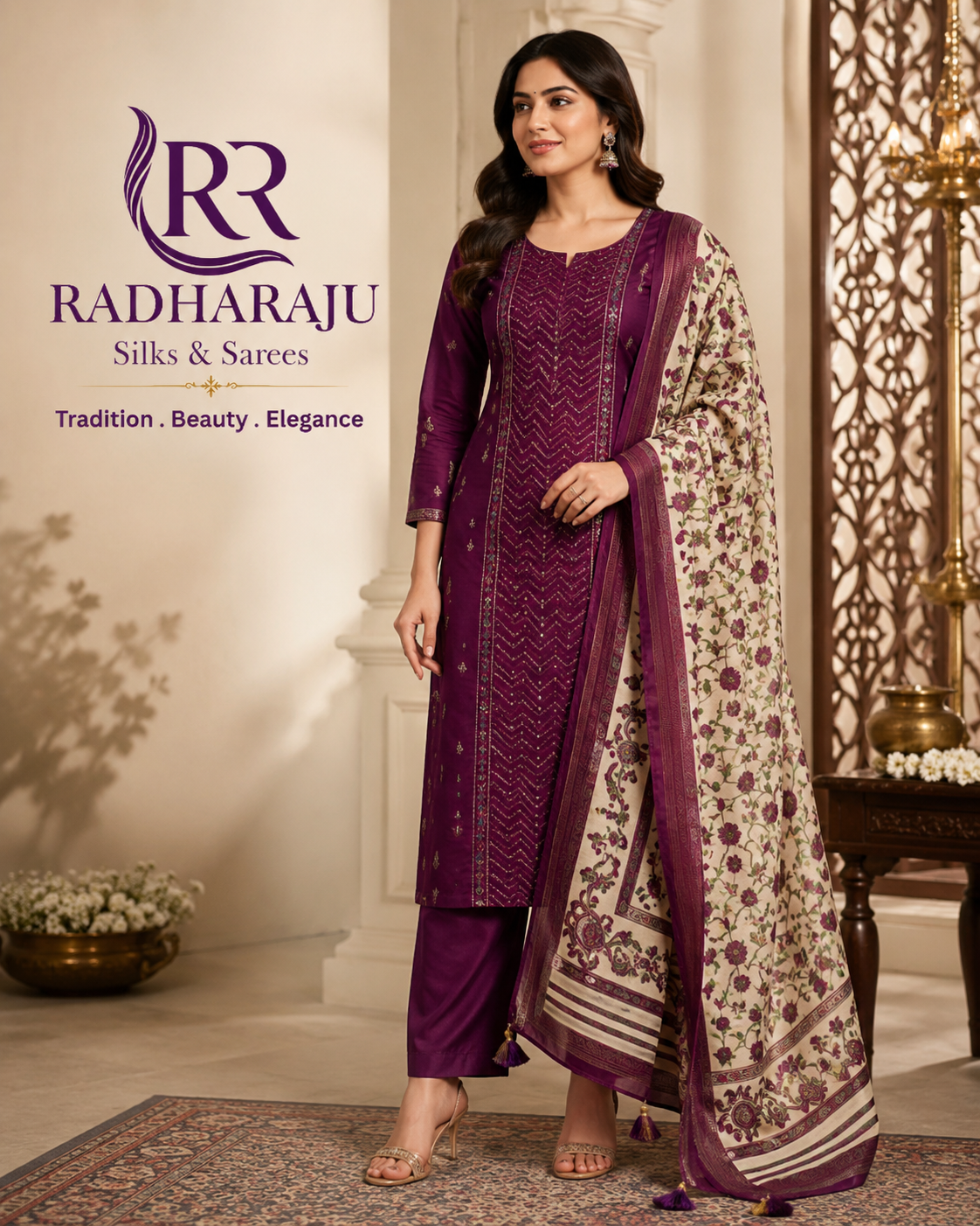 3 piece maroon kurthi set straight cut