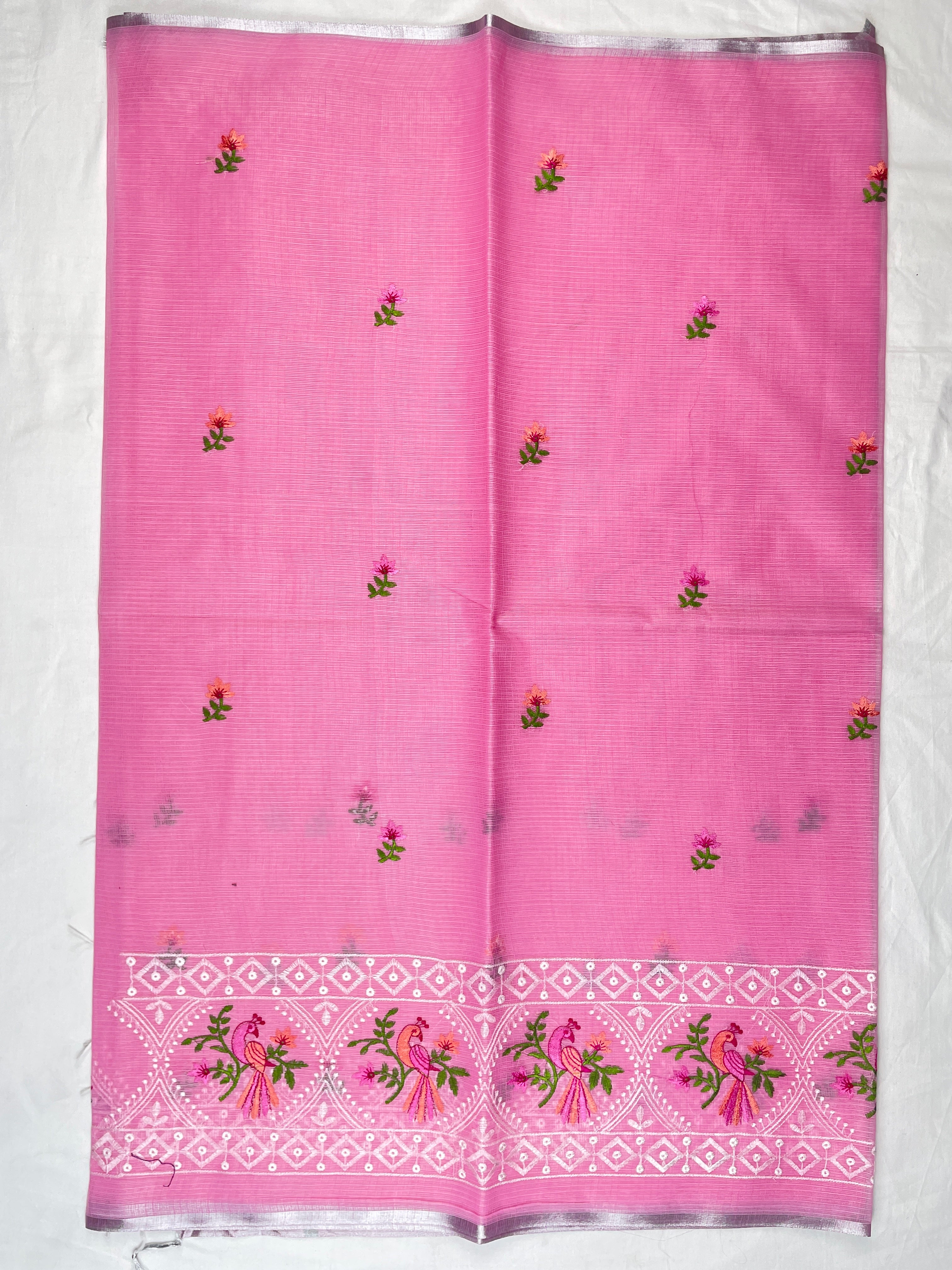 Silver Kota Cotton Beautiful Bird Embroidery work Saree