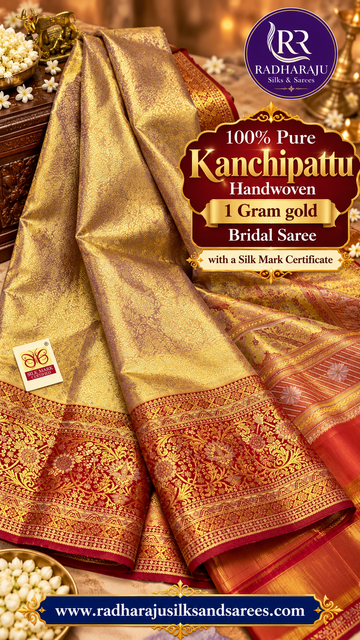 100% Pure Kanchipattu Handwoven Bridal Silk Saree with 1 Gram Gold ( Silk Mark Certified)
