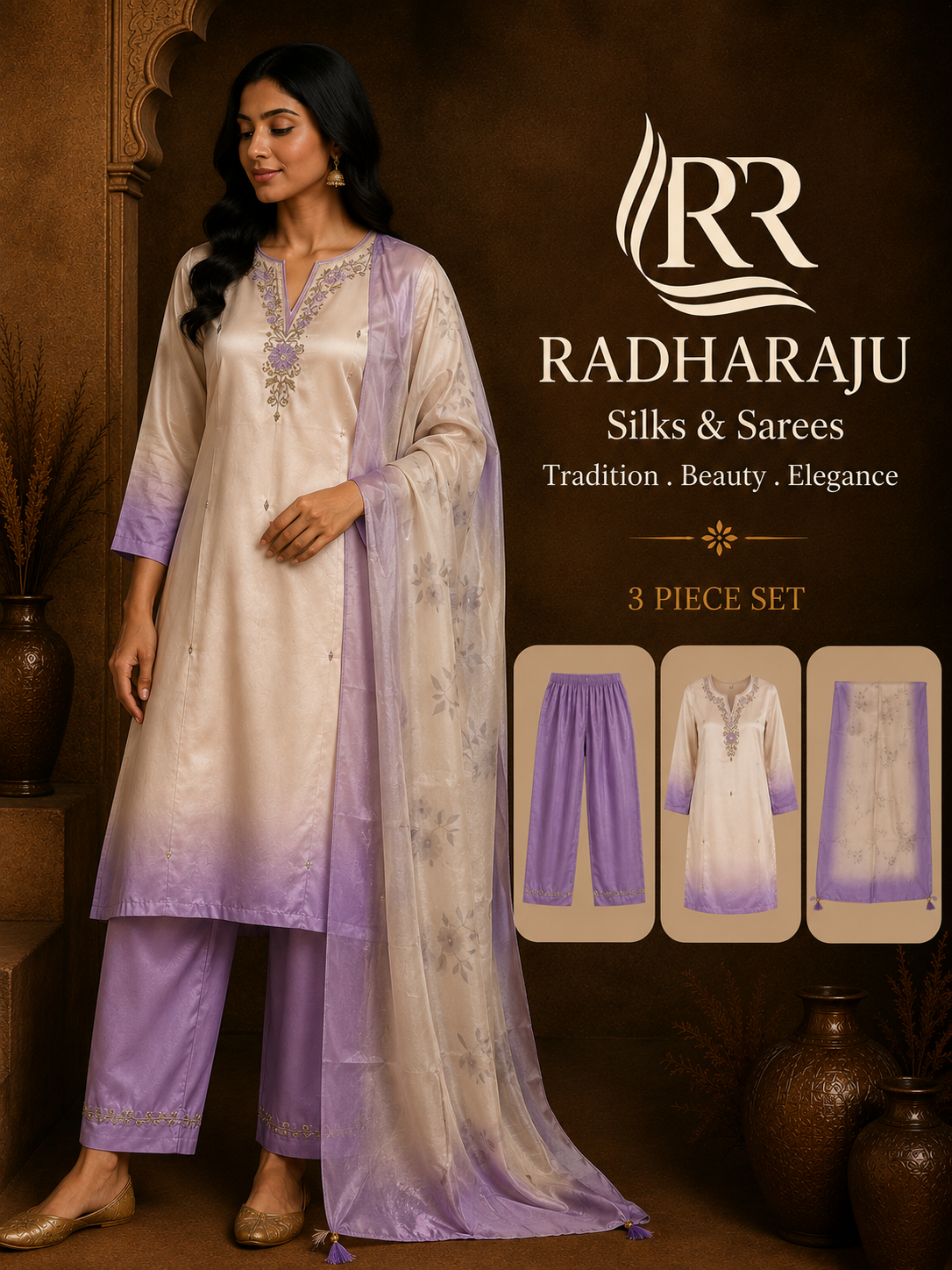 Glassy silk 3 piece kurti set