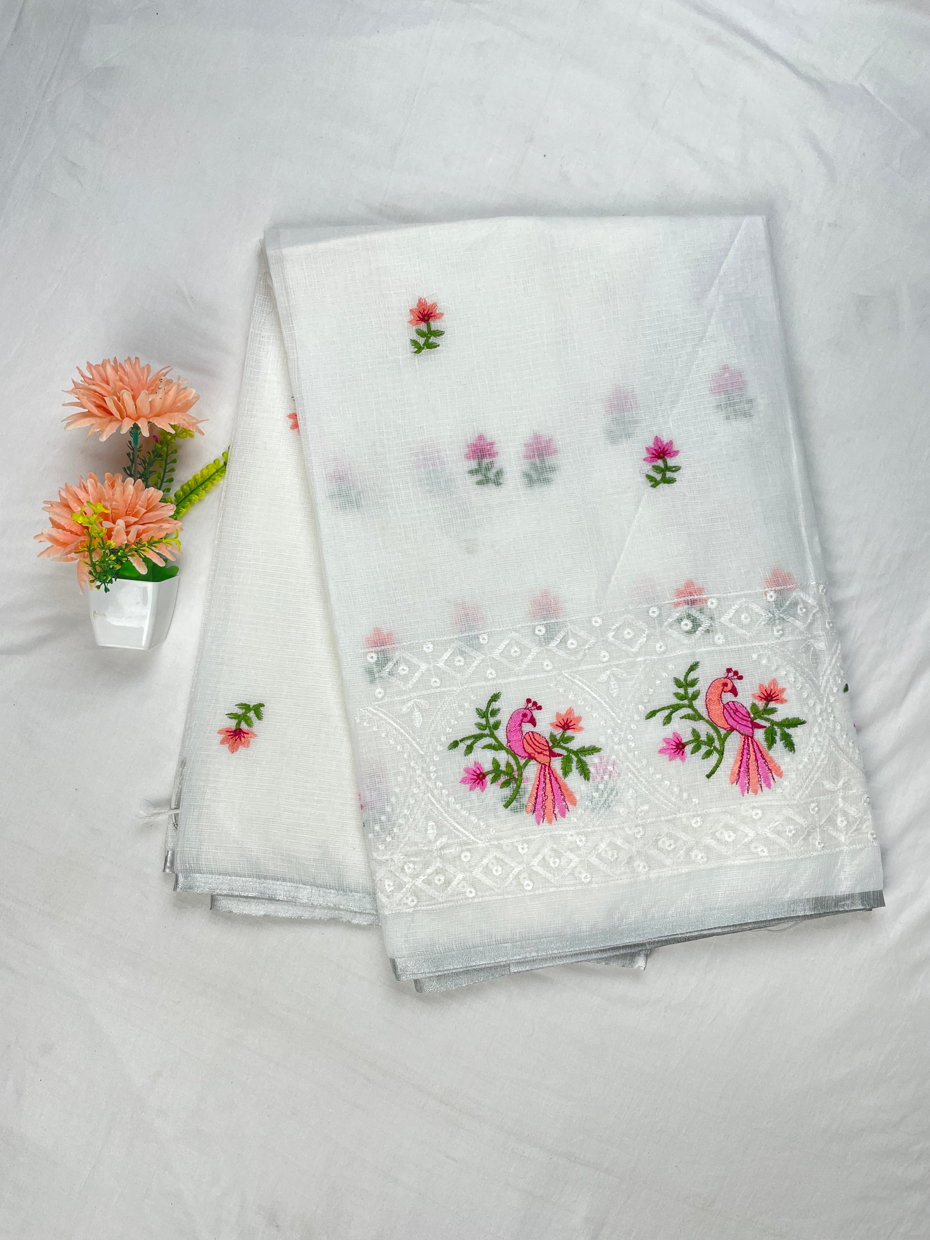 Silver Kota Cotton Beautiful Bird Embroidery work Saree