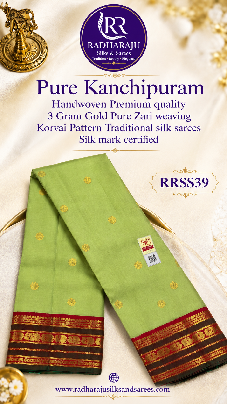 ✨100% Pure Kanchipuram Handwoven Premium quality 3 Gram Gold Pure Zari weaving Korvai Pattern Traditional silk sarees Silk mark certified✨