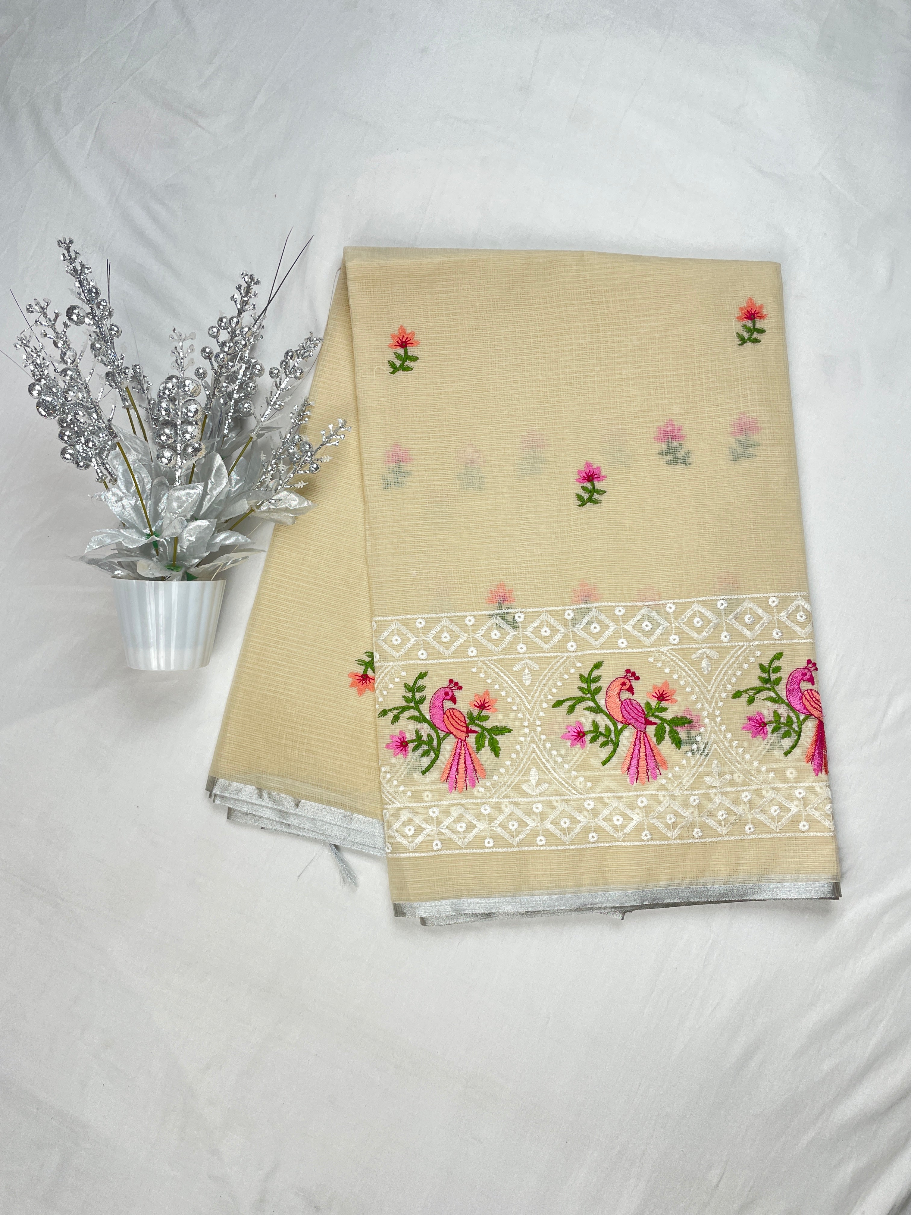 Silver Kota Cotton Beautiful Bird Embroidery work Saree