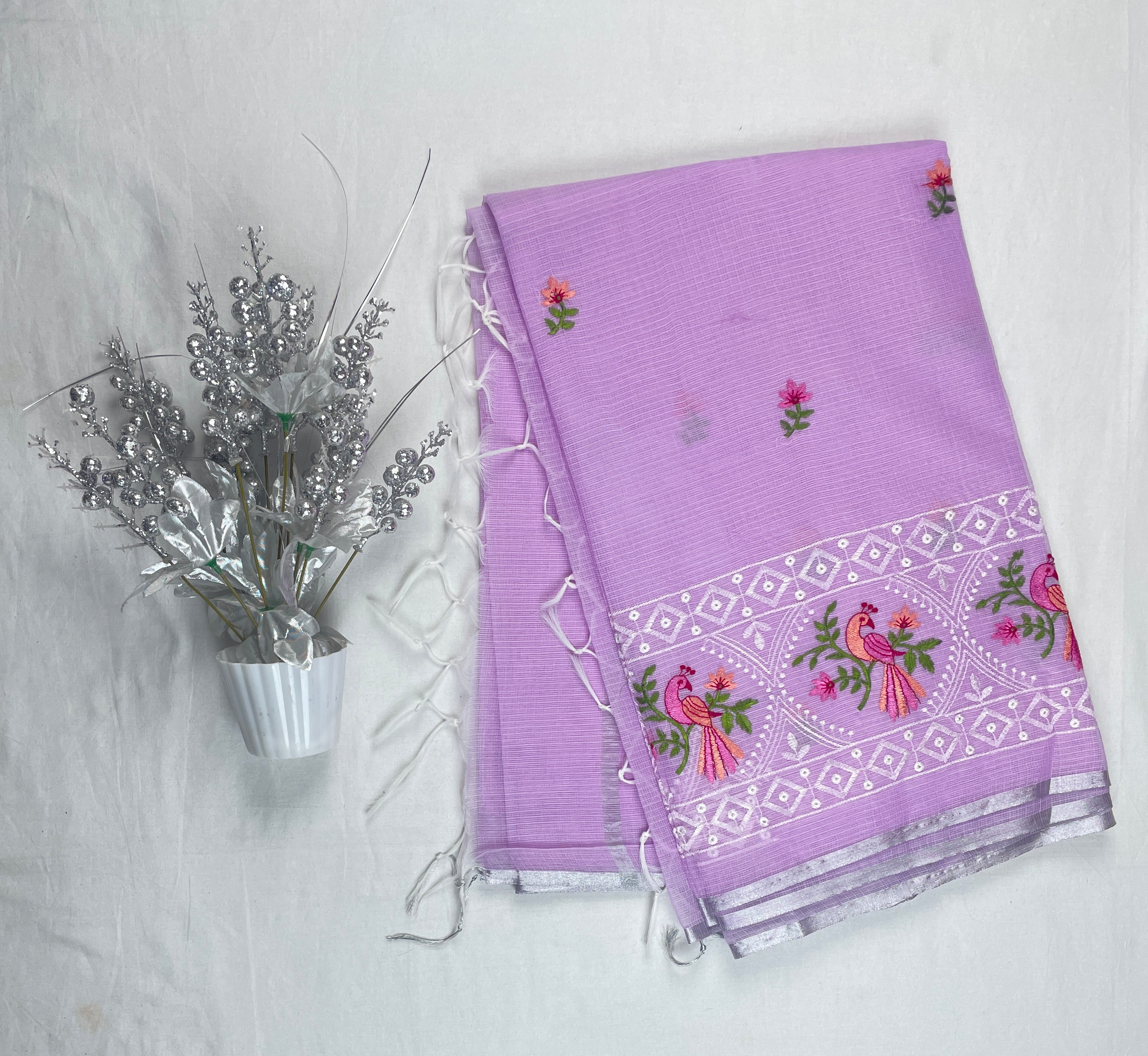 Silver Kota Cotton Beautiful Bird Embroidery work Saree