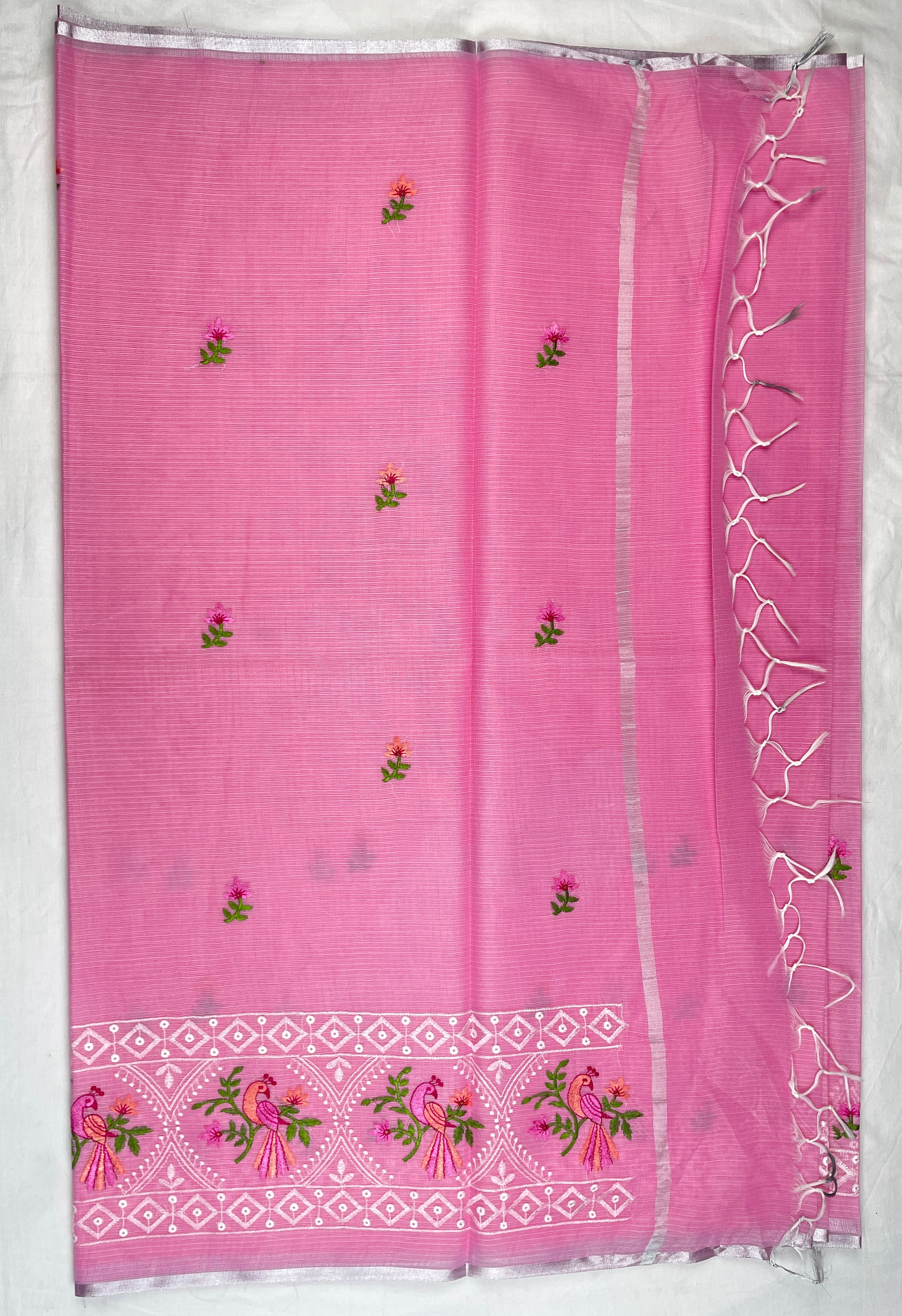 Silver Kota Cotton Beautiful Bird Embroidery work Saree