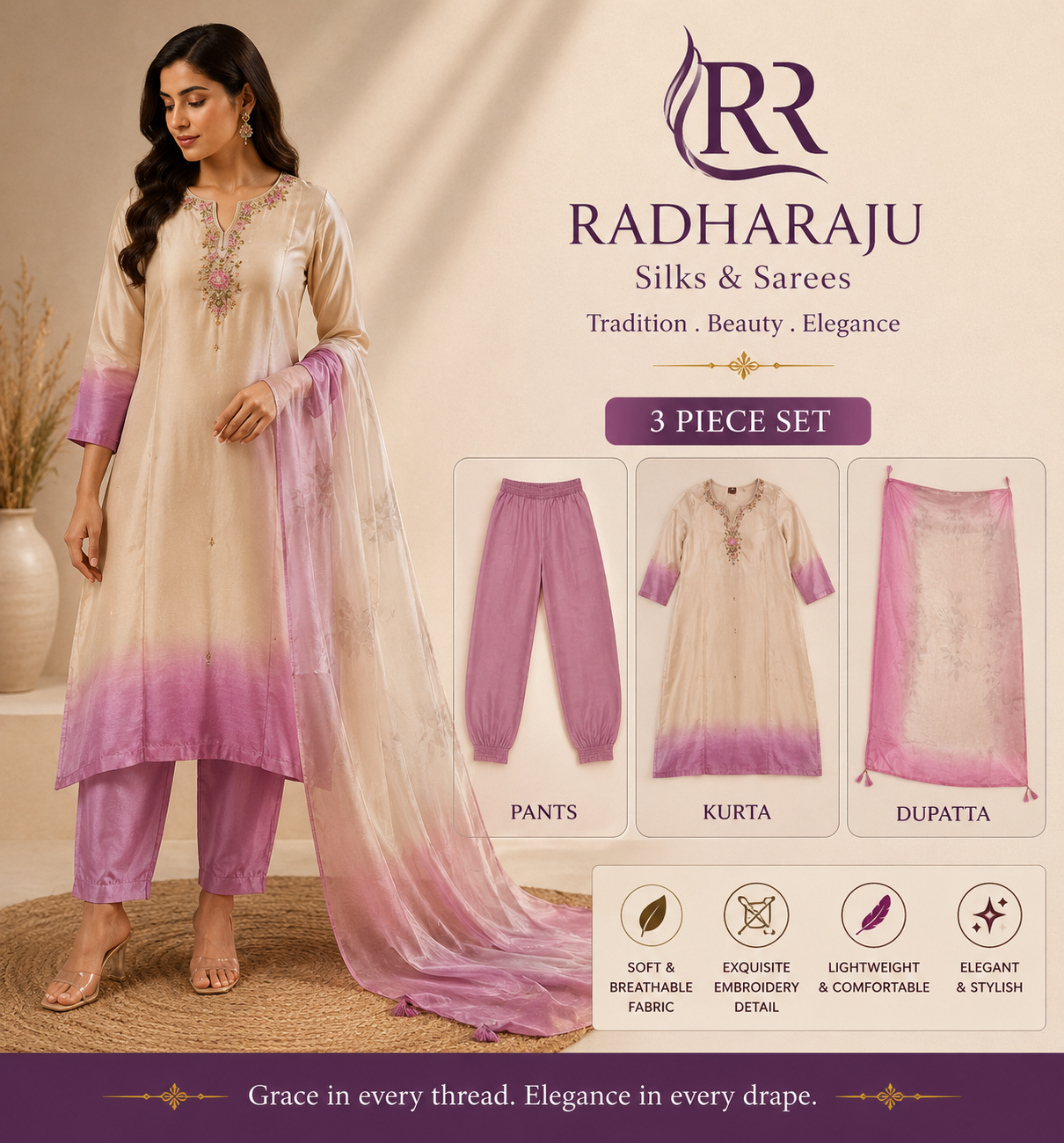 Glassy silk 3 piece kurti set