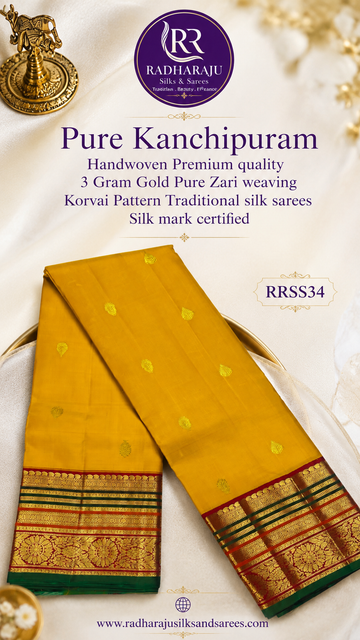 100% Pure Kanchipuram Handwoven Premium quality 3 Gram Gold Pure Zari weaving Korvai Pattern Traditional silk sarees Silk mark certified