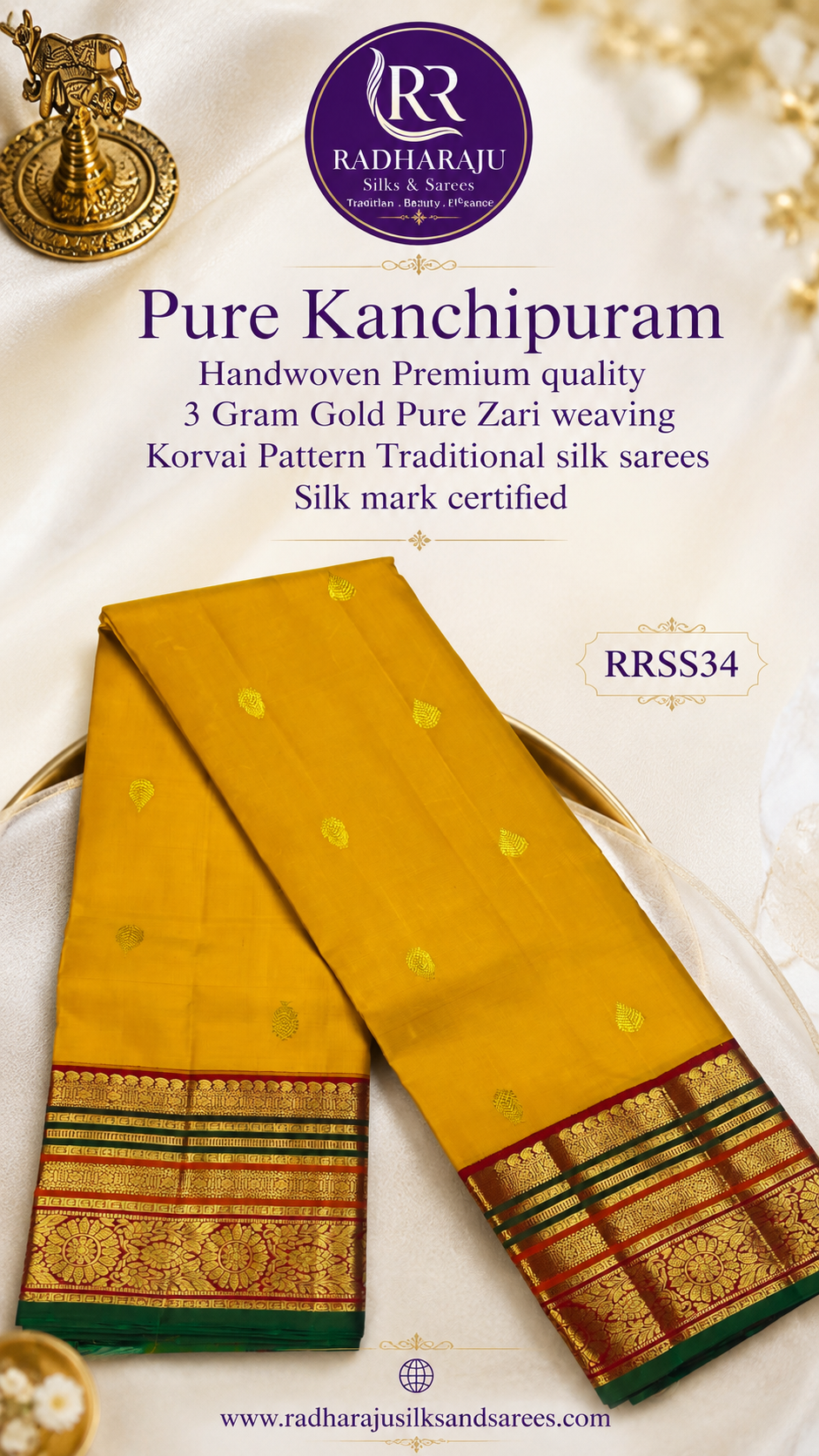 100% Pure Kanchipuram Handwoven Premium quality 3 Gram Gold Pure Zari weaving Korvai Pattern Traditional silk sarees Silk mark certified