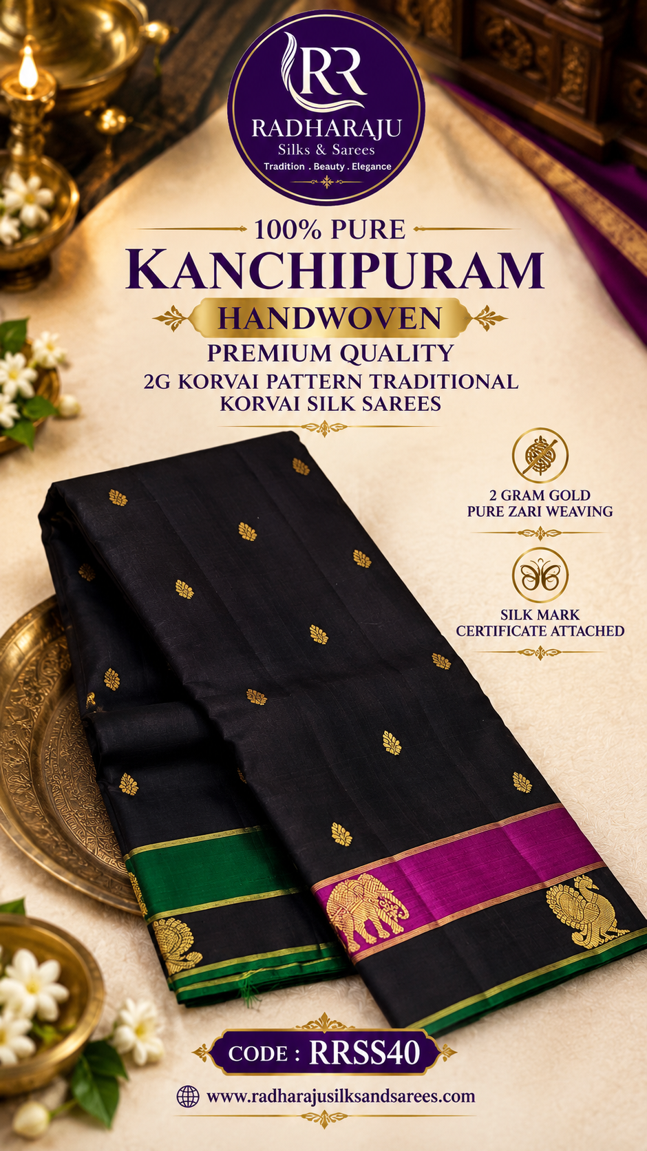 ✨100% Pure Kanchipuram Handwoven Premium quality 2 Gram Gold Pure Zari weaving Korvai Pattern Traditional silk sarees Silk mark certified✨
