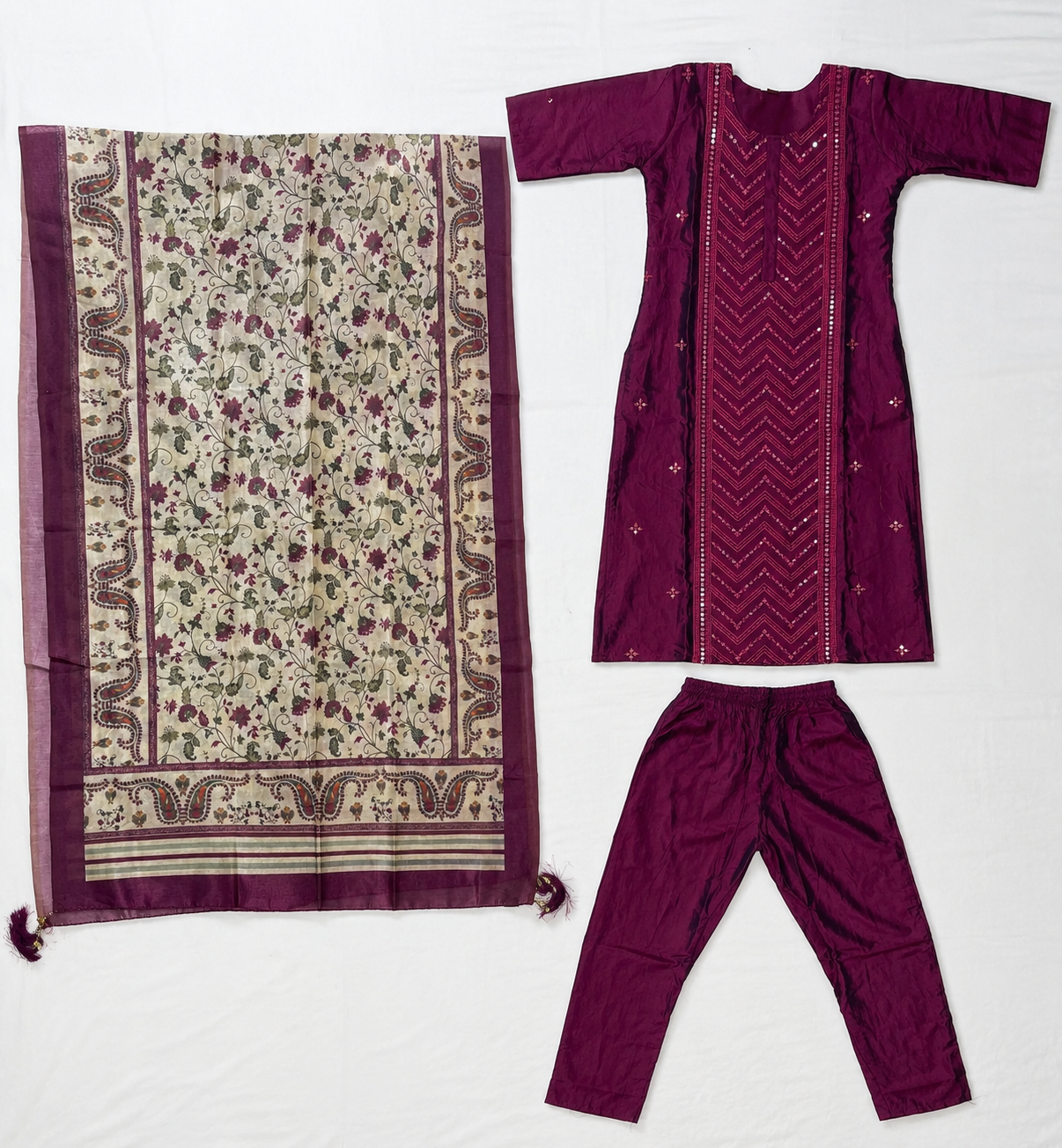 3 piece maroon kurthi set straight cut