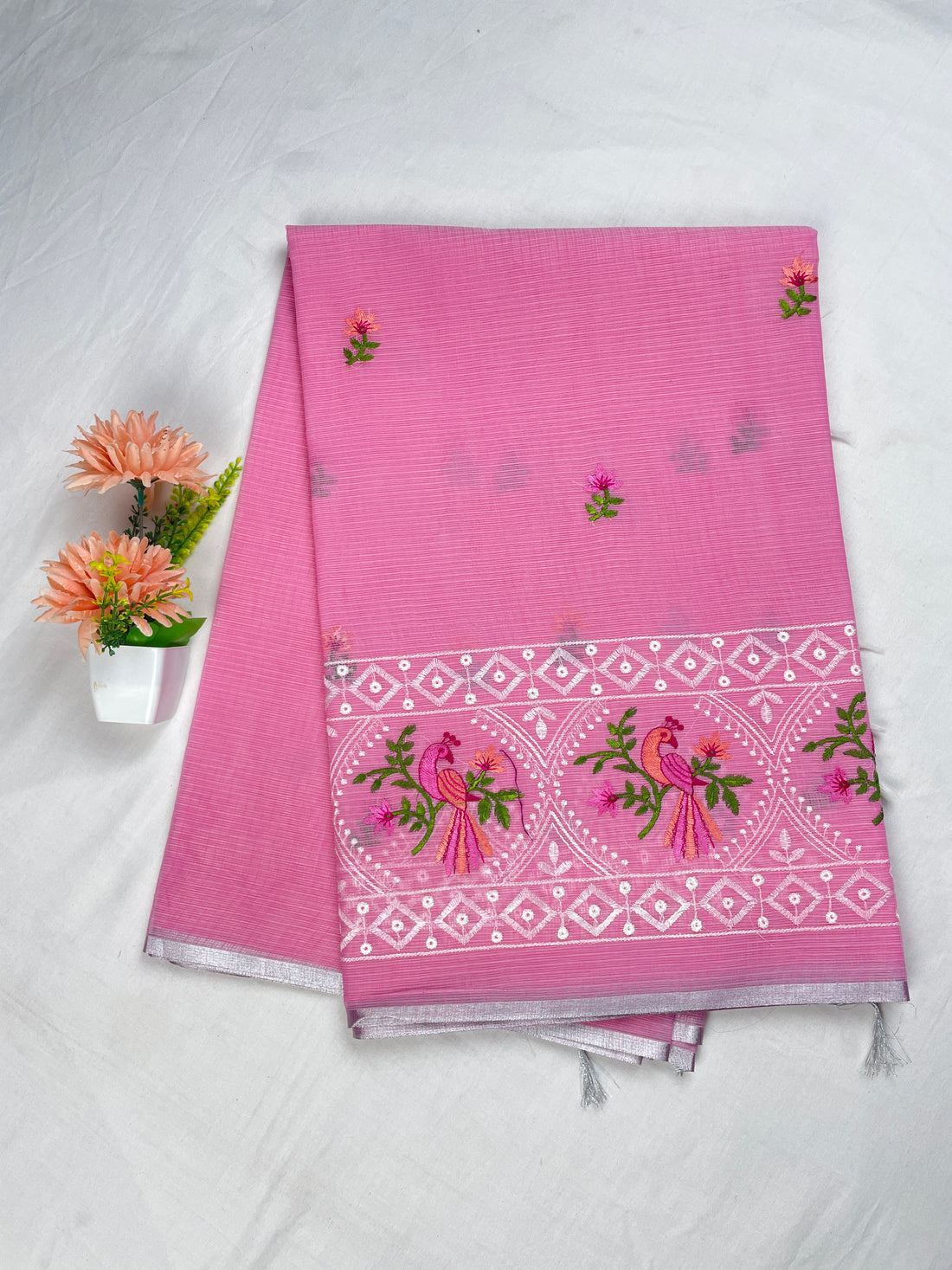 Silver Kota Cotton Beautiful Bird Embroidery work Saree
