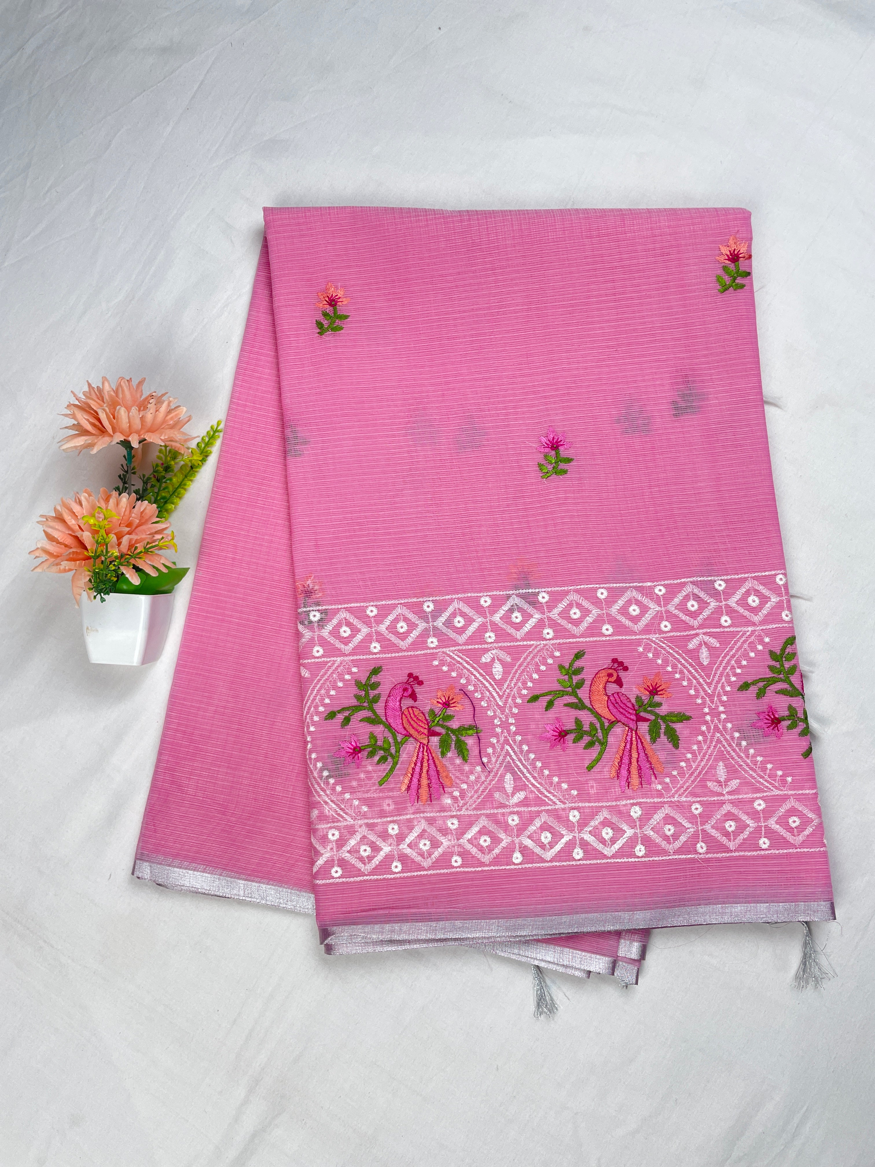 Silver Kota Cotton Beautiful Bird Embroidery work Saree