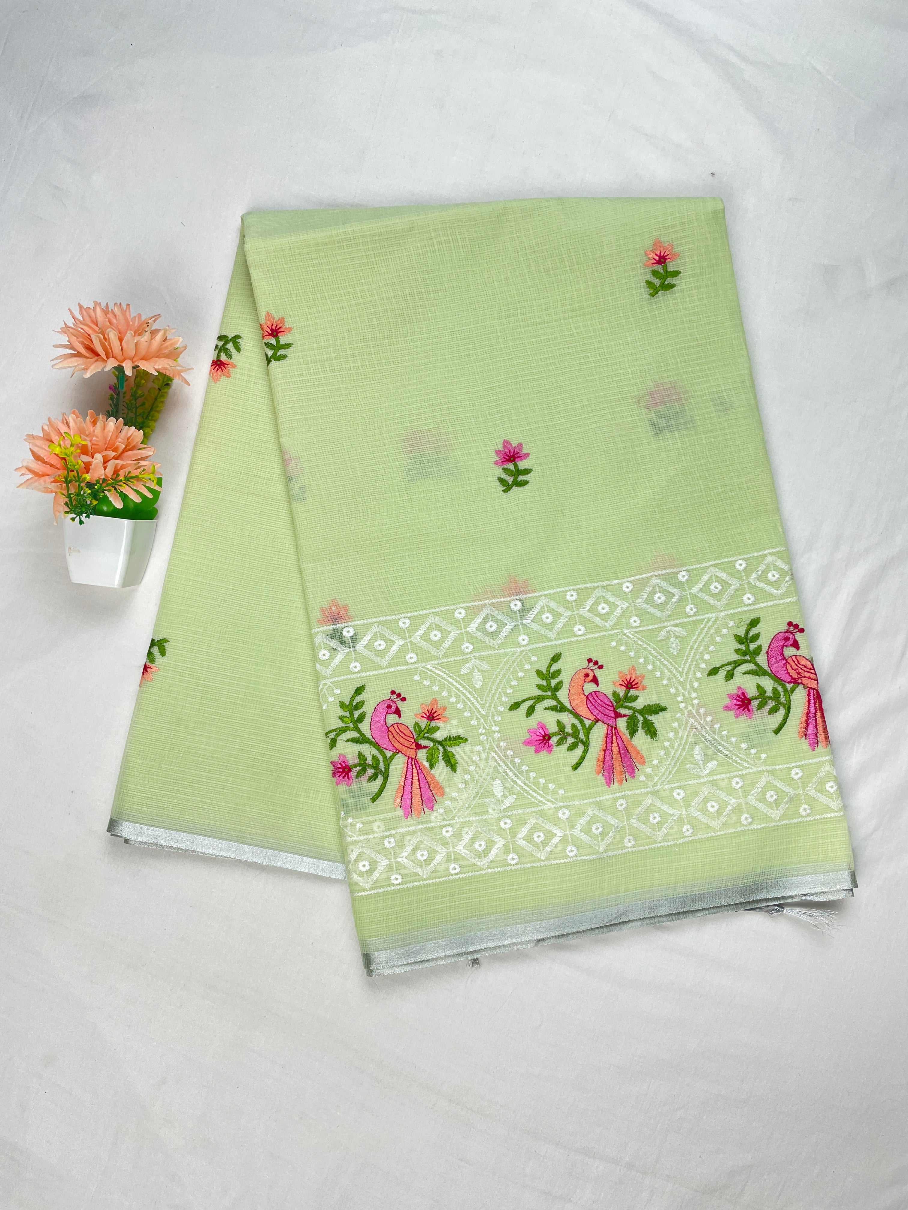 Silver Kota Cotton Beautiful Bird Embroidery work Saree