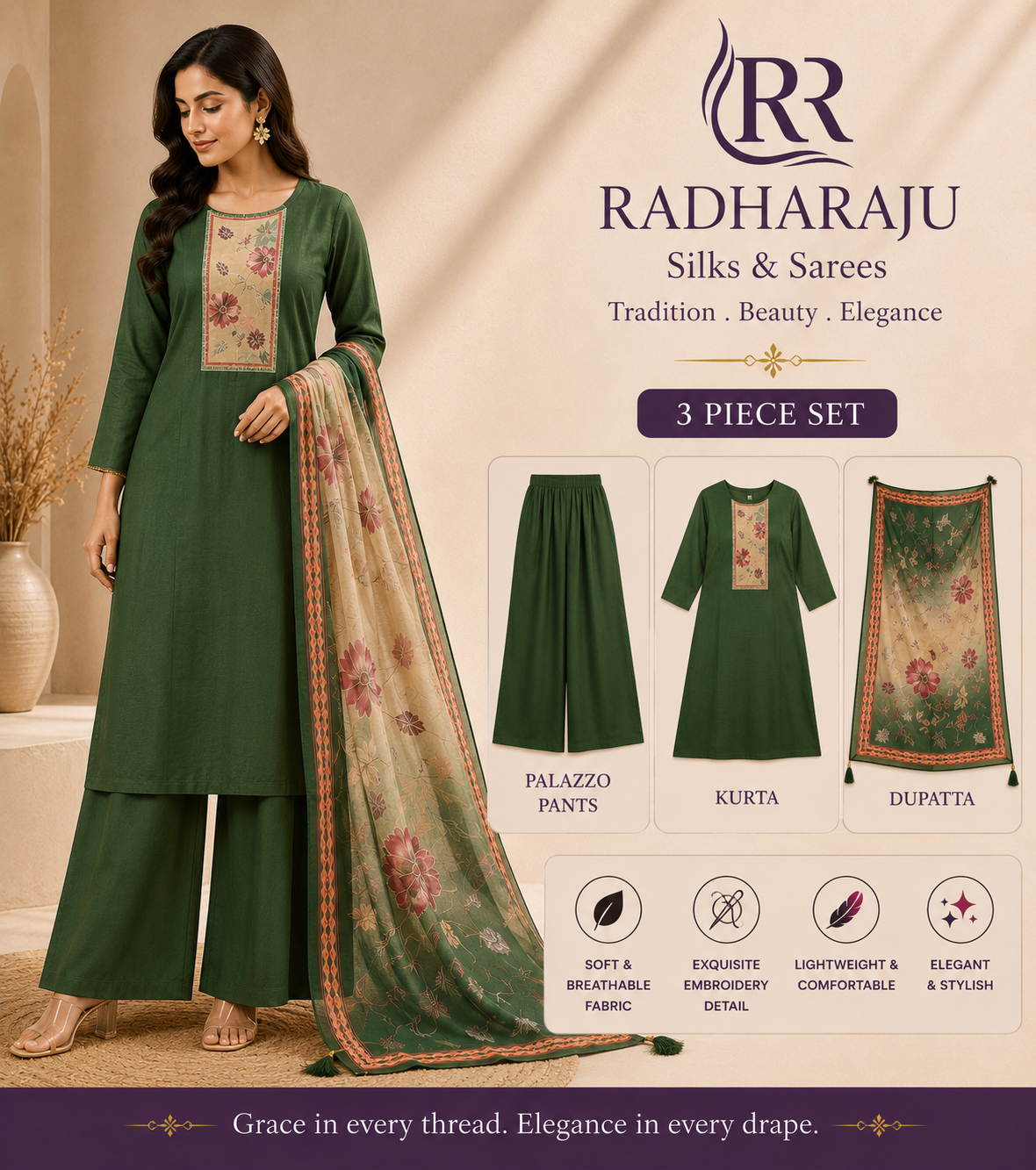 Cotton 3 piece kurti set