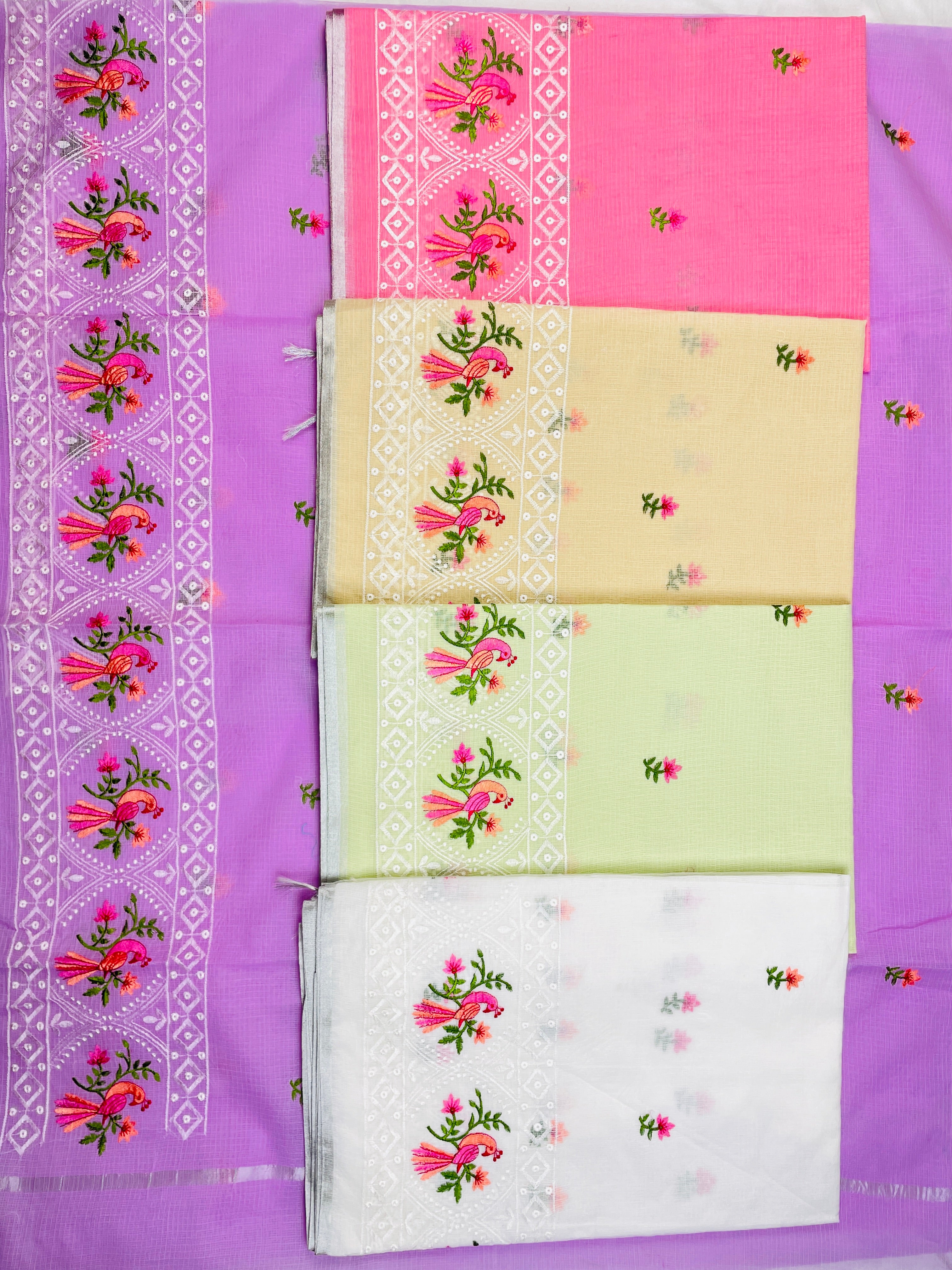 Silver Kota Cotton Beautiful Bird Embroidery work Saree