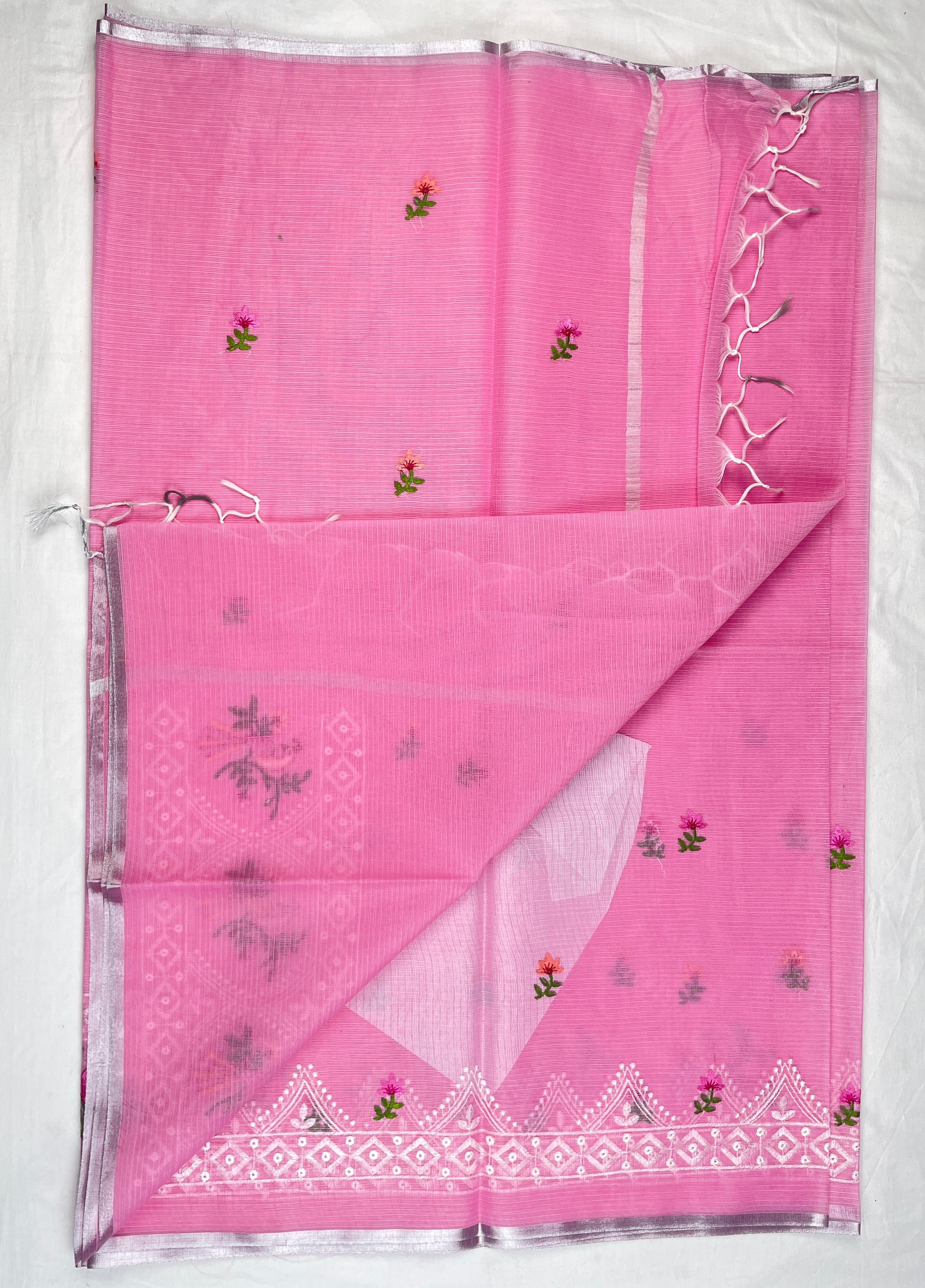 Silver Kota Cotton Beautiful Bird Embroidery work Saree