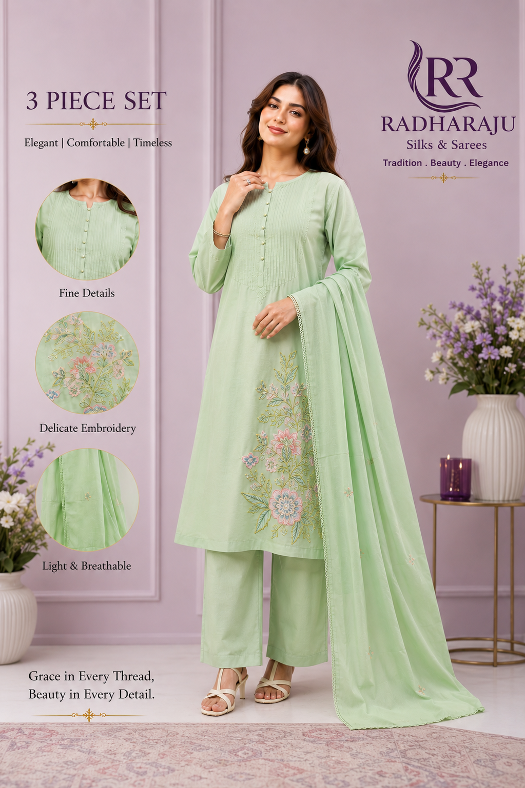 Pure Mul Cotton 3 piece Frock set