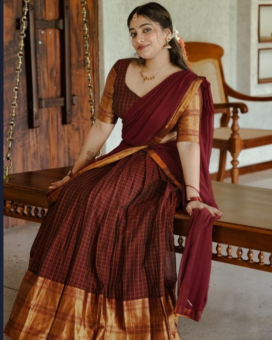 South Indian Style Kanchi Cotton  Vintage Checks Half Sarees Dark brown