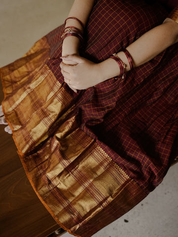 South Indian Style Kanchi Cotton  Vintage Checks Half Sarees Dark brown